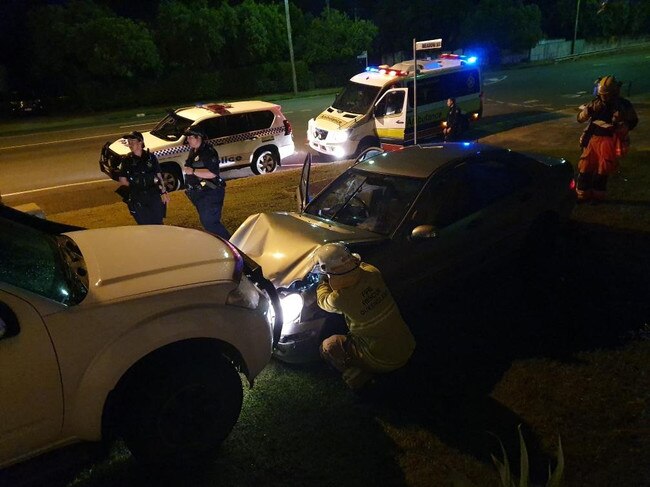 A Yeppoon family holidaying in Mackay woke to a bang after a car crashed into their rental home's front yard early Tuesday morning, colliding with their car. Picture: Joanne Hallan