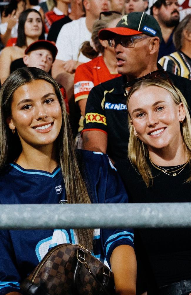 NRLW star Jaime Chapman (R) was on hand to watch her NRL boyfriend Hamiso Tabuai-Fidow in Dolphins colours for the first time. She was joined by Titans teammate Shaylee Bent, who is dating David Fifita. Picture: Gold Coast Titans