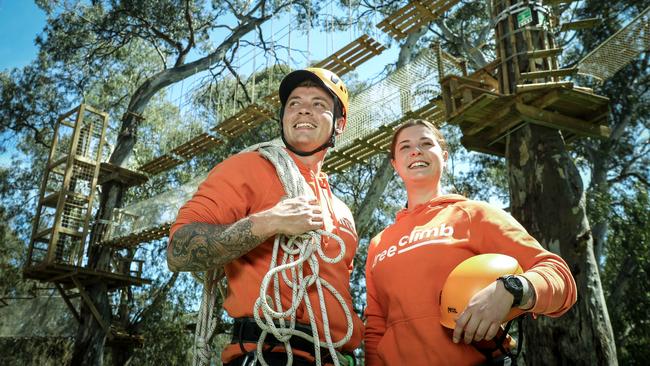 TreeClimb’s Travis Hobbs and Danni Robson at the aerial park in the CBD. Picture: Mike Burton