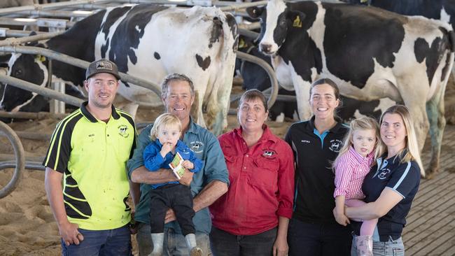 Dairy farmers L-R Beau, Mark, Allan 1yo, Kaylene, Matyka, Lexi 3yo and Zena. Picture: Zoe Phillips