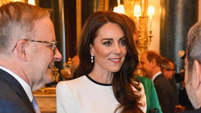 Britain's Catherine, Princess of Wales (C) and Australia's Prime Minister Anthony Albanese (L) attend a Realm Governors General and Prime Ministers Lunch, at Buckingham Palace in London on May 5, 2023, ahead of the coronation weekend. (Photo by TOBY MELVILLE / POOL / AFP)