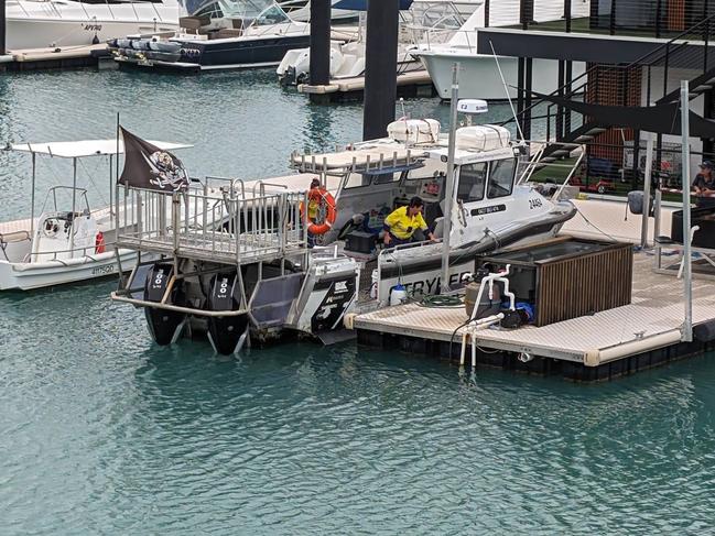 Workplace Health and Safety Queensland investigators are inspecting a fishing charter boat where three crew members were injured after an explosion at Coral Sea Marina on May 9, 2024. Picture: Estelle Sanchez