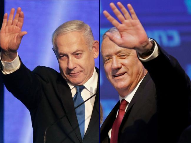 (FILES) This combination of file pictures created on September 18, 2019 shows, Benny Gantz (R), leader and candidate of the Israel Resilience party that is part of the Blue and White (Kahol Lavan) political alliance, waving to supporters in Tel Aviv early, and Israeli Prime Minister Benjamin Netanyahu addressing supporters at his Likud party's electoral campaign headquarters in Tel Aviv early. - Israel's Supreme Court on May 6, 2020 approved a coalition deal between Prime Minister Benjamin Netanyahu and his former rival Benny Gantz. The court made the announcement shortly after Netanyahu and Gantz said their new coalition government would be sworn in on May 13, putting an end to Israel's longest political crisis. (Photo by Emmanuel DUNAND and Menahem KAHANA / AFP)