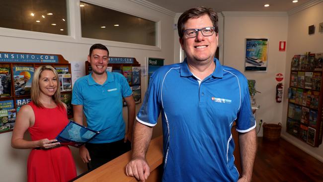 Travstar is one of the businesses to offer a job as part of 5000 Jobs campaign. Staff Natalie Murray and Gene Herbohn with owner Jodi Nelson. PICTURE: MARC McCORMACK