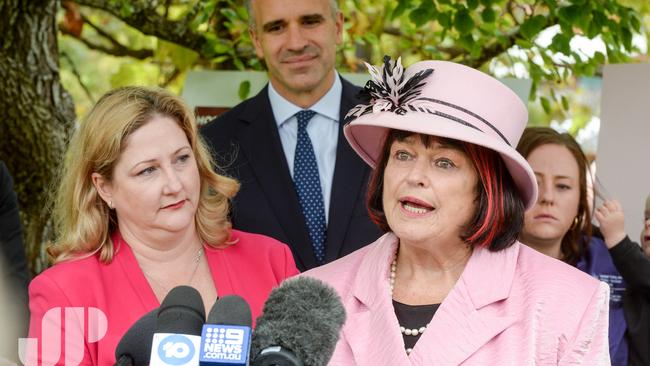 The federal member for Mayo Rebekha Sharkie with Mount Barker Mayor Ann Ferguson at Labor’s press conference. Picture: NCA NewsWire / Brenton Edwards