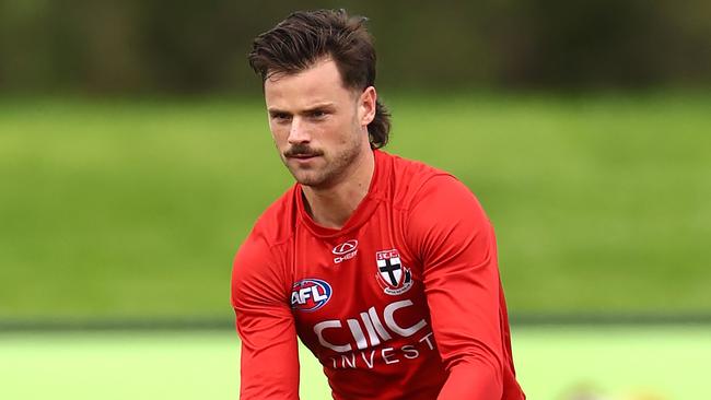 MELBOURNE, AUSTRALIA - APRIL 30: Jack Sinclair of the Saints kicks during a St Kilda Saints AFL training session at RSEA Park on April 30, 2024 in Melbourne, Australia. (Photo by Quinn Rooney/Getty Images)