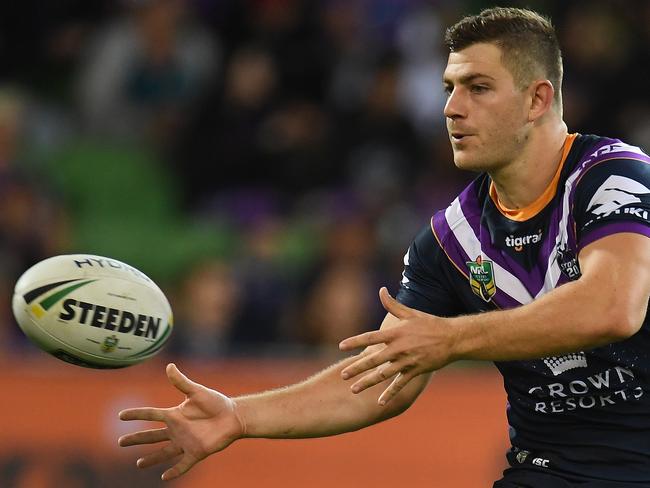 Ryley Jacks of the Storm is seen in action during the Round 6 NRL match between the Melbourne Storm and the Newcastle Knights at AAMI Park in Melbourne, Friday, April 13, 2018. (AAP Image/Julian Smith) NO ARCHIVING, EDITORIAL USE ONLY