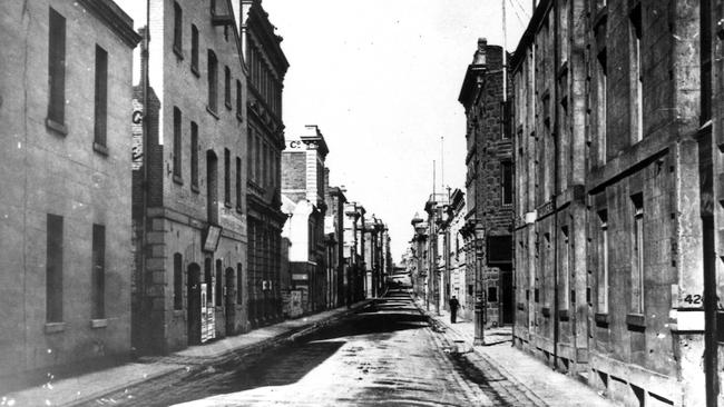 Flinders Lane, then known as Little Flinders St, looking east from Queens St in 1870. Picture: Supplied