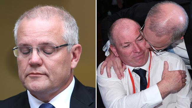 An emotional Scott Morrison (left) announces a Royal Commission into the abuse and neglect of disabled Australians; Mr Morrison embraces his brother-in-law Gary Warren, an MS sufferer.