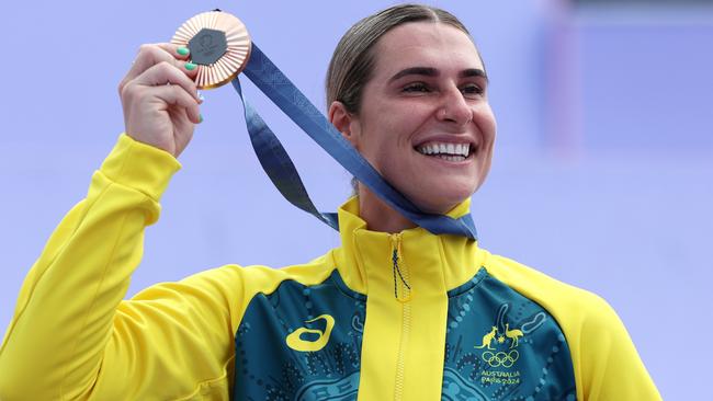 PARIS, FRANCE - JULY 31: Bronze medalist Natalya Diehm of Team Australia poses on the podium during the BMX Freestyle Women's Park Final on day five of the Olympic Games Paris 2024 at Place de la Concorde on July 31, 2024 in Paris, France. (Photo by Alex Broadway/Getty Images)