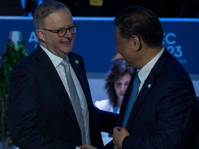 SAN FRANCISCO, CALIFORNIA - NOVEMBER 17: Australia's Prime Minister Anthony Albanese greets Chinese President Xi Jinping during the APEC Leaders Retreat on the last day of the Asia-Pacific Economic Cooperation (APEC) Leaders' Week at Moscone Center on November 17, 2023 in San Francisco, California. The APEC Summit takes place through November 17.   Kent Nishimura/Getty Images/AFP (Photo by Kent Nishimura / GETTY IMAGES NORTH AMERICA / Getty Images via AFP)