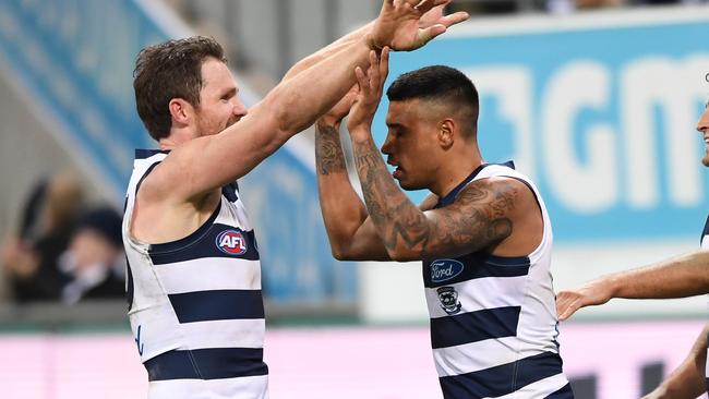 Patrick Dangerfield says the way Kelly has handled speculation and continued to perform has been “bloody extraordinary”. Pic: AAP