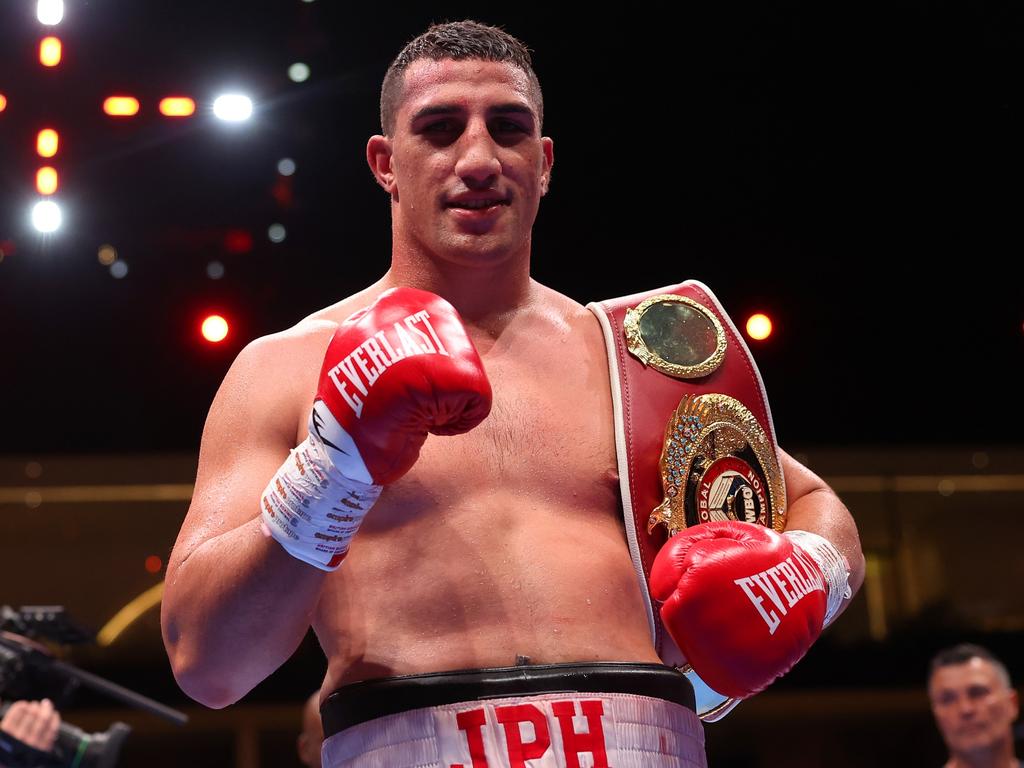 Justis Huni with the WBO Global Heavyweight Title in March. Picture: Getty Images