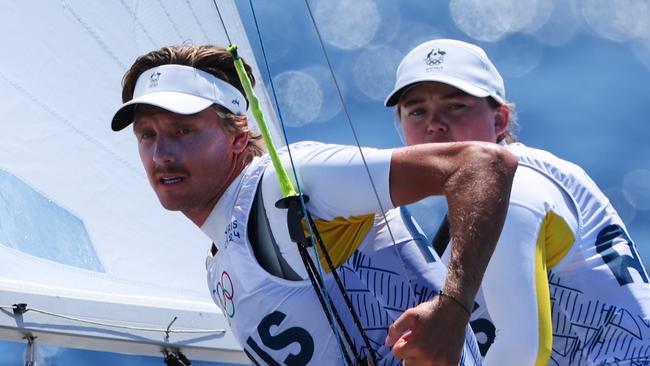 MARSEILLE, FRANCE - AUGUST 04: Nia Jerwood and Nicholas Connor of Team Australia compete in the Mixed Dinghy 470 class race on day nine of the Olympic Games Paris 2024 at Marseille Marina on August 04, 2024 in Marseille, France. (Photo by Alex Livesey/Getty Images)