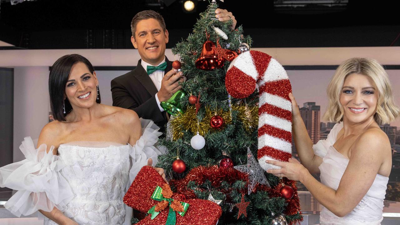 7News Adelaide’s Rosanna Mangiarelli, Will Goodings and Amelia Mulcahy at 7 Studios preparing to host the 80th Carols by Candlelight on December 14. Picture: Kelly Barnes