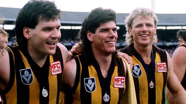 Hodge is a great leader, just like Gary Ayres (middle), with Jason Dunstall and Dermott Brereton. Picture: Tony Feder