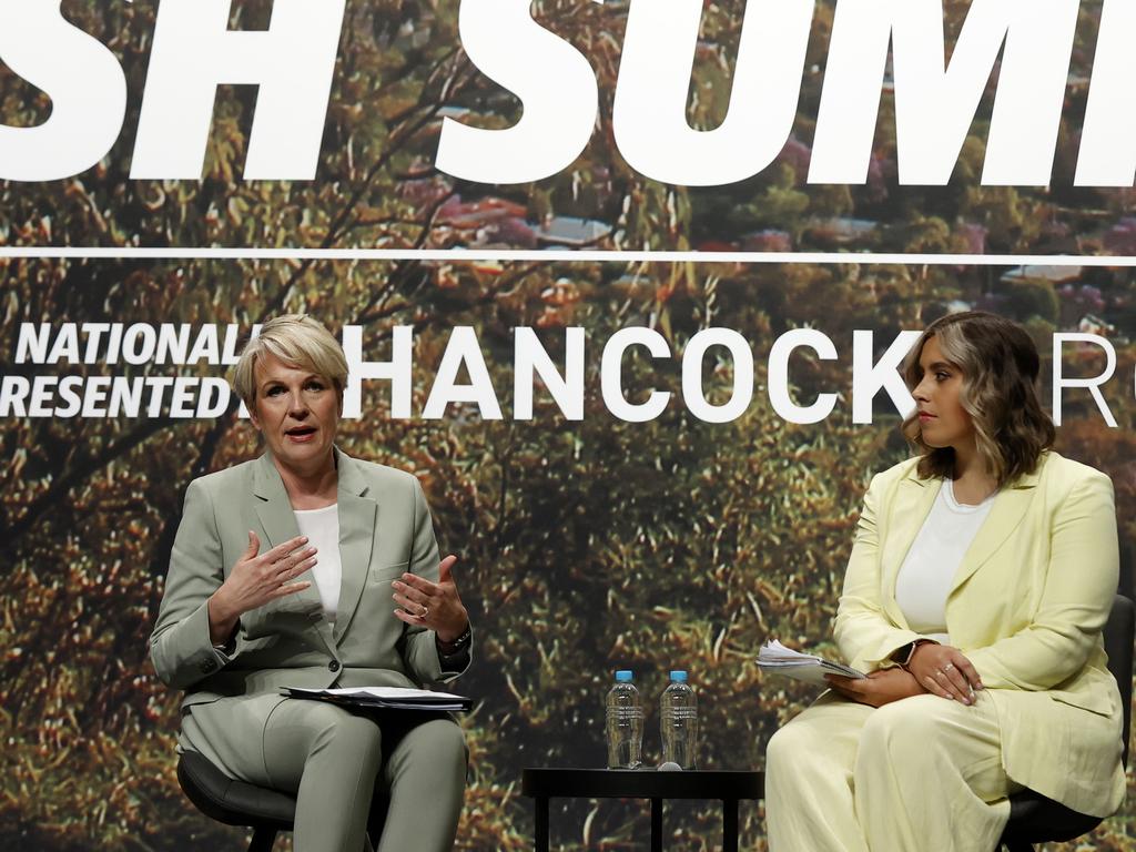 Tanya Plibersek, left. talks with News Corp national political editor Clare Armstrong. Picture: Jonathan Ng