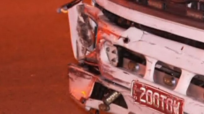 Damage to Daniel Edie's tow truck after it was struck by an allegedly stolen car at Alexandra Hills on Australia Day. Picture: Sky News