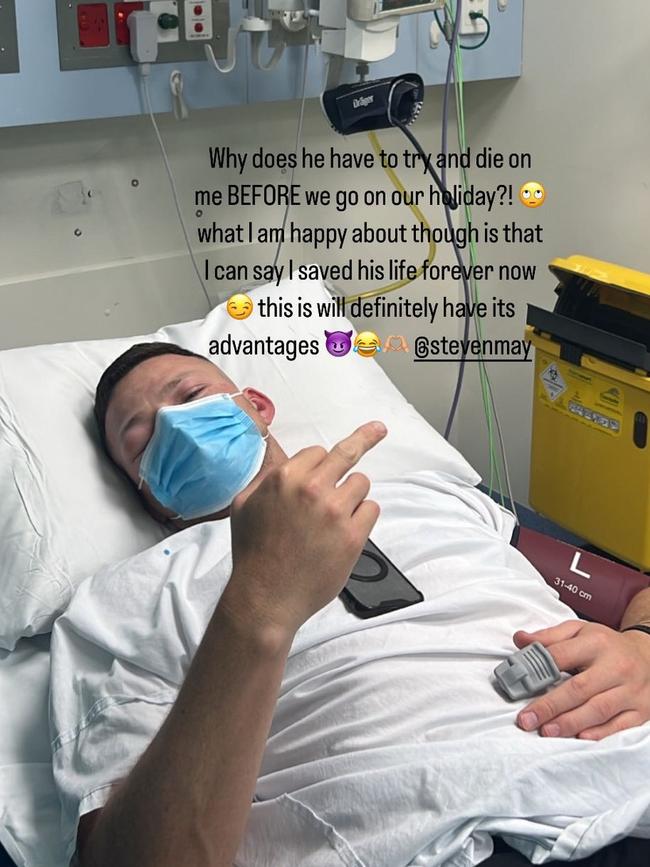 Steven May in hospital after suffering an allergic reaction.