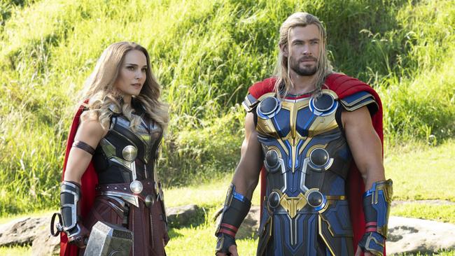 Natalie Portman as Mighty Thor and Chris Hemsworth as Thor in Marvel Studios' Thor: Love and Thunder.