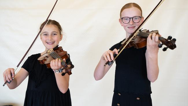 Piper Cracknell and Alice Francis won first place in the string duet (10 years and under) at the Gympie Eisteddfod. August 1, 2023. Picture: Christine Schindler