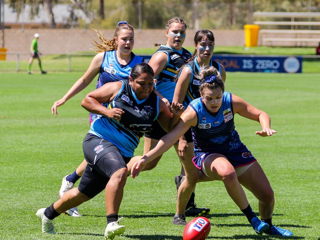 Rovers' Jordann Hickey (right) and Alkamilya's Rioli fight for the ball. Picture: Charlie Lowson