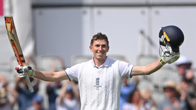 Zak Crawley celebrates his century at Old Trafford. Picture: Stu Forster/Getty Images.