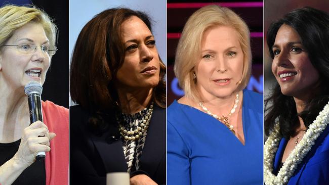 Senator Elizabeth Warren, Senator Kamala Harris, Senator Kirsten Gillibrand and US Representative Tulsi Gabbard. Picture: AFP