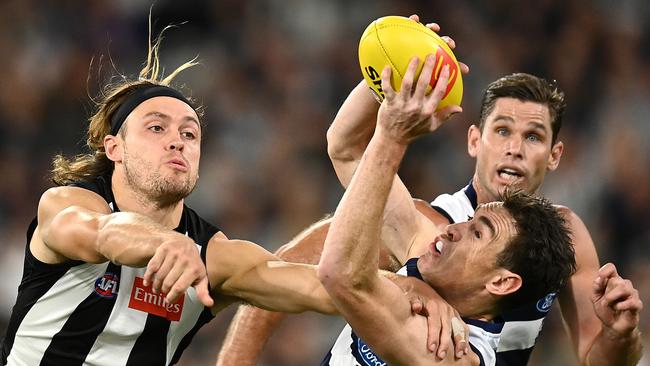 Darcy Moore and Jeremy Cameron are likely to lock horns once again on Friday night. Picture: Quinn Rooney/Getty Images