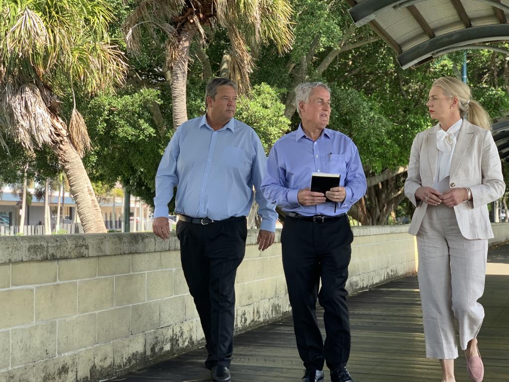 Dawson LNP candidate Andrew Willcox (left), Mackay Mayor Greg Williamson (centre) and Senator Bridget McKenzie talk resilience funding near the Pioneer River in Mackay ahead of the 2022 federal election. Picture: Duncan Evans