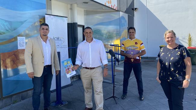 Institute for Urban Indigenous Health CEO Adrian Carson, Federal Member for Longman Terry Young MP Deadly Choices Ambassador Steve Renouf and Brisbane North PHN Deputy CEO Libby Dunstan. at the new indigenous only COVID-19 fever clinic at Caboolture.