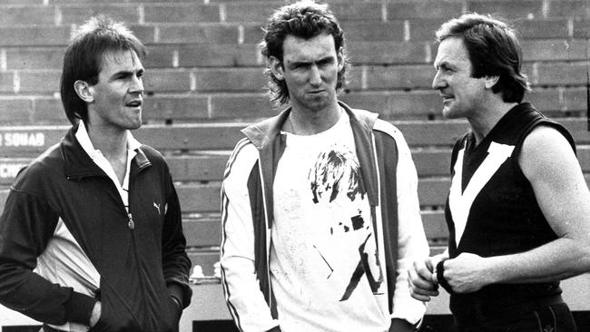 Terry Wallace with Collingwood's Peter Daicos and Victorian coach Kevin Sheedy in 1986.