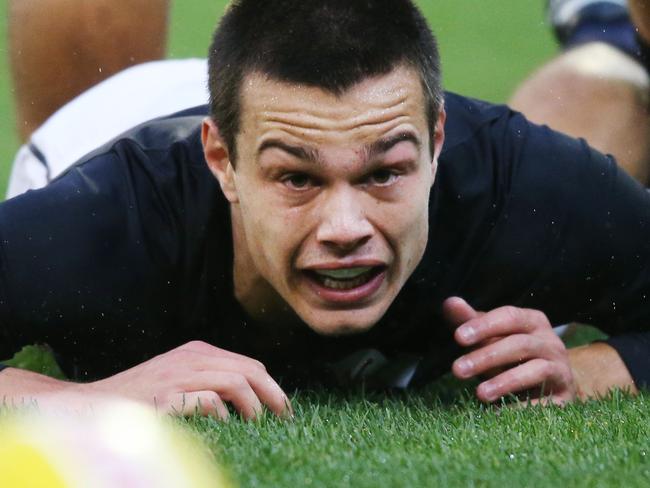 MELBOURNE, AUSTRALIA - JUNE 02: Jack Silvagni of the Blues hits the ball on during the round 11 AFL match between the Essendon Bombers and the Carlton Blues at Melbourne Cricket Ground on June 02, 2019 in Melbourne, Australia. (Photo by Michael Dodge/AFL Photos/Getty Images)