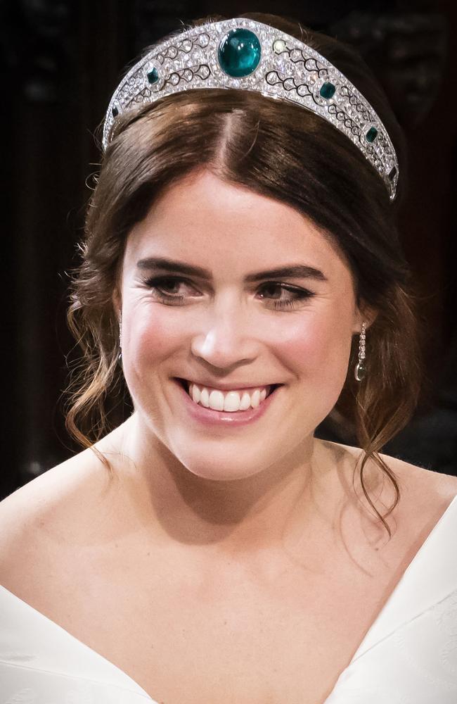 Princess Eugenie wore this impressive emerald tiara from the Greville haul to her wedding. Picture: Danny Lawson — WPA Pool/Getty Images