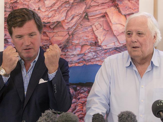 BRISBANE, AUSTRALIA - NewsWire Photos - JUNE 19, 2024: American journalist aand Journalist Tucker Carlson and Australian mining magnate Clive Palmer give a press conference ahead of the Australian Freedom Conference at the Palmers Fig Tree Pocket estate.Picture: NewsWire / Glenn Campbell