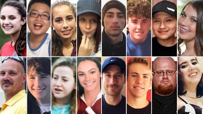 Victims of the shooting: Top row, left to right: Alyssa Alhadeff, Peter Wang, Gina Montalto, Alaina Petty, Joaquin Oliver, Luke Hoyer, Martin Duque, Jaime Guttenburg. Bottom row, left to right: Chris Hixon, Alex Schachter, Cara Loughran, Meadow Pollack, Scott Beigel, Nicholas Dworet, Aaron Feis, Carmen Schentrup.