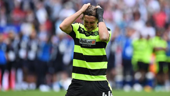 Huddersfield Town's German defender Michael Hefele reacts.