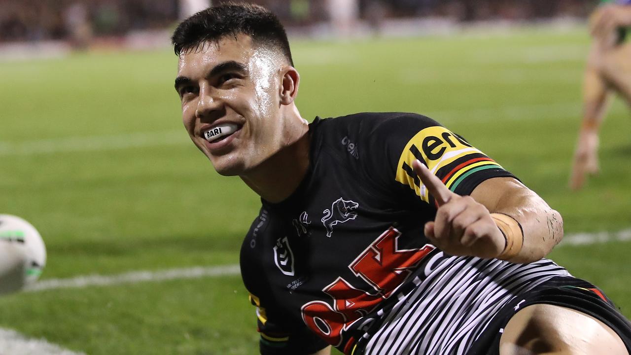 SYDNEY, AUSTRALIA - APRIL 09: Charlie Staines of the Panthers celebrates scoring a try during the round five NRL match between the Penrith Panthers and the Canberra Raiders at BlueBet Stadium on April 09, 2021, in Sydney, Australia. (Photo by Mark Kolbe/Getty Images)