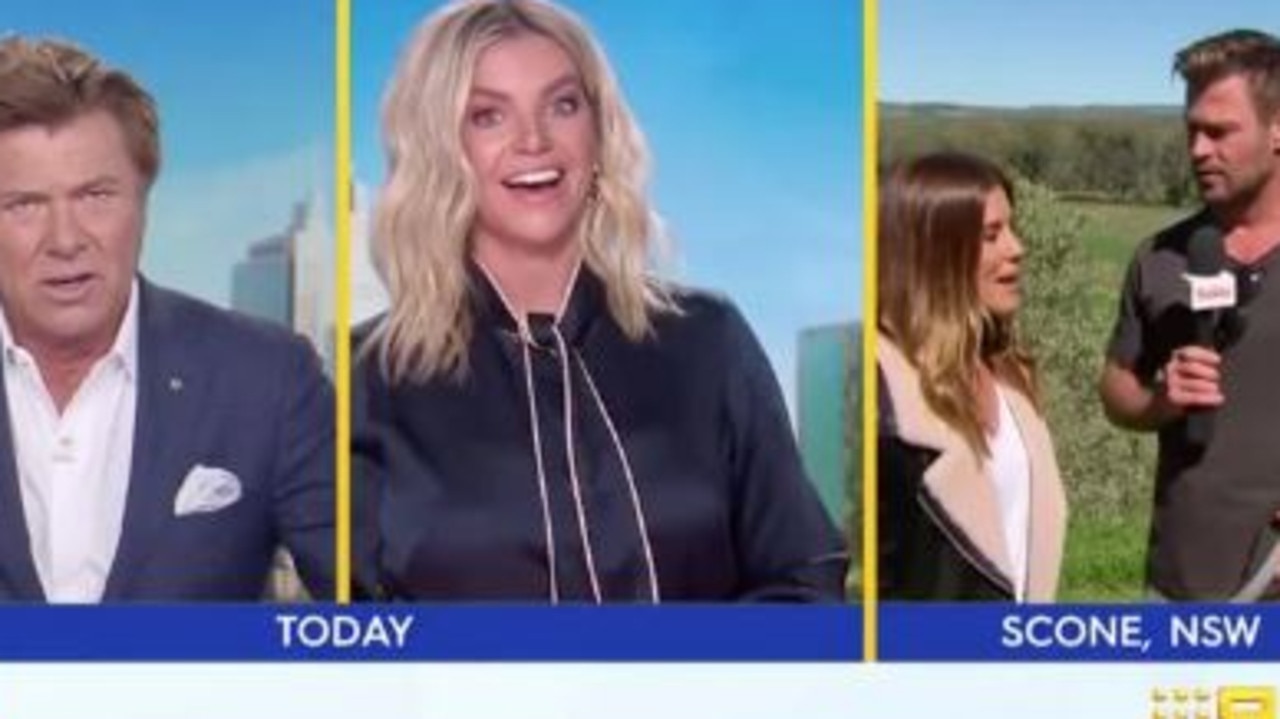 Weekend Today hosts Rebecca Maddern and Richard Wilkins in shock over Chris Hemsworth’s surprise visit on the show on Saturday. Picture: Channel 9