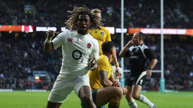 Marland Yarde of England celebrates scoring his side’s second try.