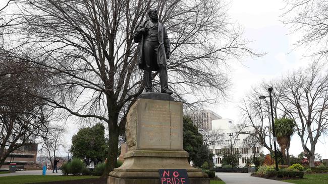A protest sign placed at the William Crowther statue in Franklin Square, Hobart. Picture: Nikki Davis-Jones