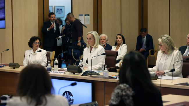 Former CEO of Australia Post Christine Holgate (centre) during a Public Hearing at Parliament House in Canberra Picture: NCA NewsWire/Gary Ramage