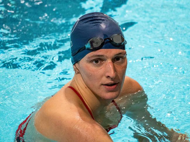 (FILES) In this file photo taken on January 22, 2022 Lia Thomas, a transgender woman, finishes the 200 yard Freestyle for the University of Pennsylvania at an Ivy League swim meet against Harvard University in Cambridge, Massachusetts. - Transgender swimmer Lia Thomas ended her controversial college swimming career with a last place finish in the final of the 100-yard freestyle at the US collegiate champsionships on Saturday. Thomas, who competes for the University of Pennsylvania, trailed home in eighth place in 48.18sec, more than two seconds behind winner Gretchen Walsh, who touched the wall in 46.05sec. (Photo by Joseph Prezioso / AFP)