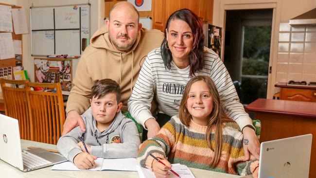 The Pannuzzo Family with their home schooling set up. Picture: Tim Carrafa