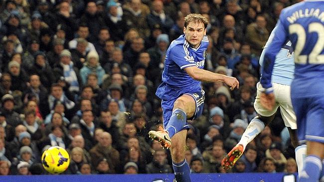 Chelsea's Branislav Ivanovic launches the match winner. 