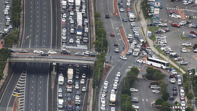 Traffic chaos on the Pacific Motorway after a truck crash on the M1 bridge at the Nerang River. Picture Glenn Hampson