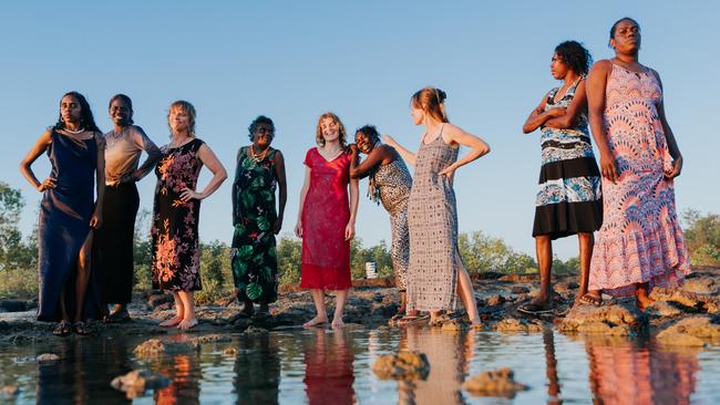 Arnhem Land rock act Ripple Effect Band, whose debut album Mayawa was recently released. From left: Tara Rostron, Stephanie Maxwell James, Jodie Kell, Rachel Djíbbama Thomas, Annastasia Lucas, Patricia Gibson, Harriet Fraser-Barbour, Jolene Lawrence, Rona Lawrence. Picture: Silly Goose Inc.