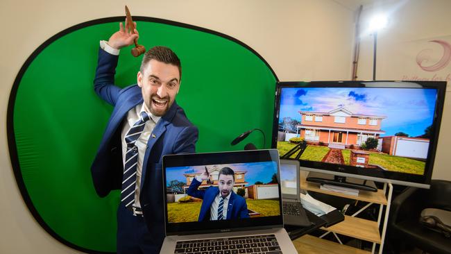 Auctioneer Fabian Sanelli, who has converted both his garage and a study into auction studios during Melbourne's lockdowns. Picture: Jay Town