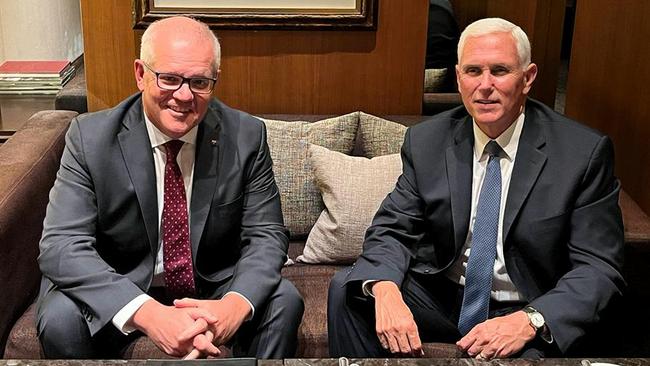 Scott Morrison and former US vice-president Mike Pence in Seoul, South Korea, on Wednesday.