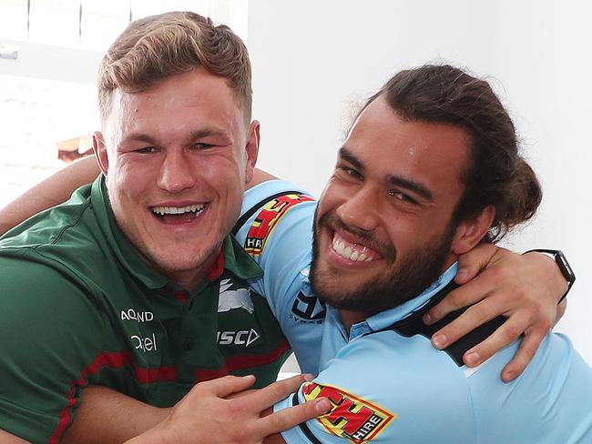 WARNING HOLD CHECK WITH JAMES SILVER TELEGRAPH SPORT BEFORE USE - South Sydney forward Liam Knight and Cronulla Sharks forward Toby Rudolf at their home in Randwick. The pair are housemates and face off against each other on Saturday in the NRL. Picture: Brett Costello